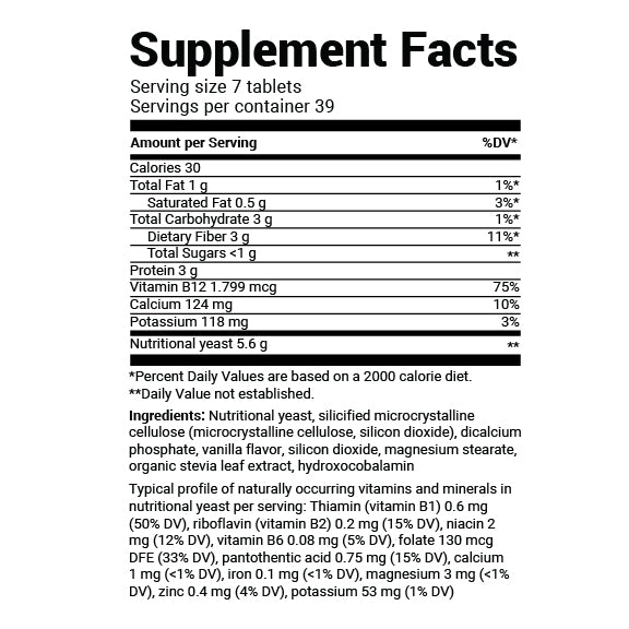 Close-up of the Supplement Facts label showing serving size, servings per container, and ingredient amounts with % Daily Value information.