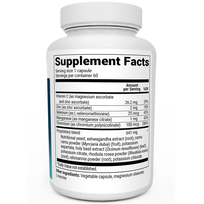Adrenal and Cortisol Support bottle label, left side view, suggested use instructions, safety warning details.