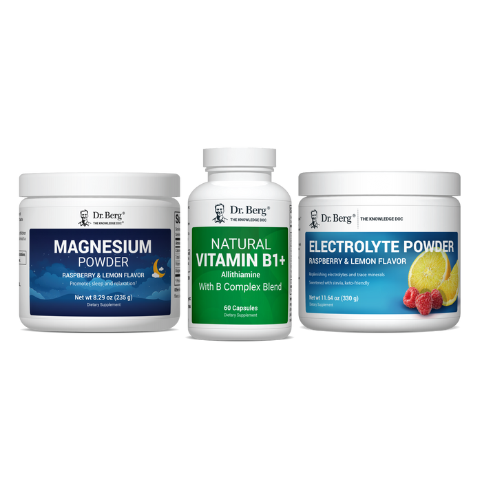 Three Dr. Berg health products on a white background