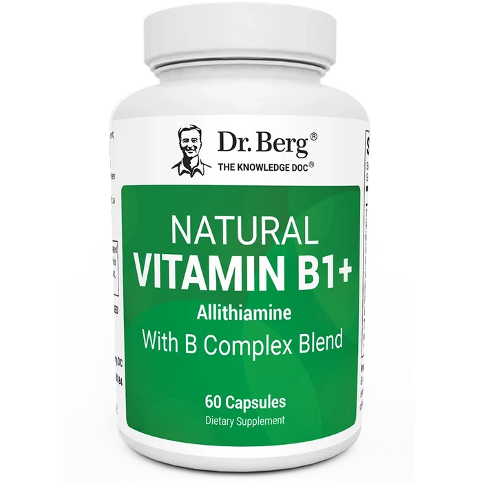 Natural Vitamin B1+, 60 capsules, front view, bottle with Dr. Berg branding.