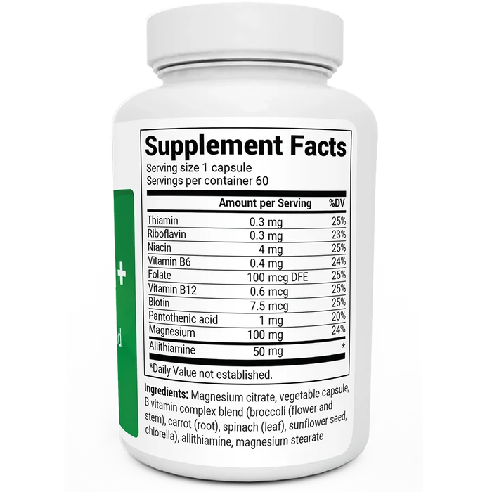Natural Vitamin B1+ bottle label, right side view, supplement facts.