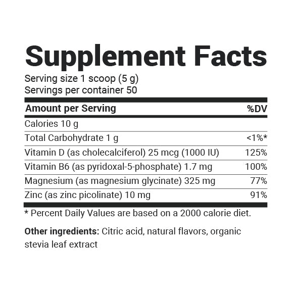 Close-up view of Magnesium Powder supplement facts label.