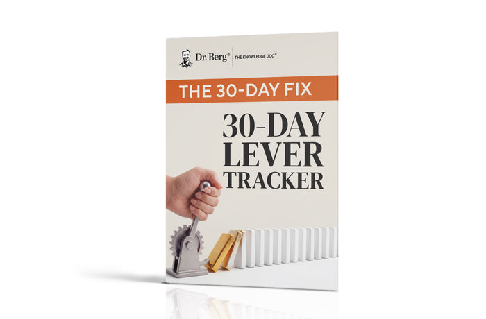 Book titled 'The 30-Day Fix 30-Day Lever Tracker' by Dr. Berg.