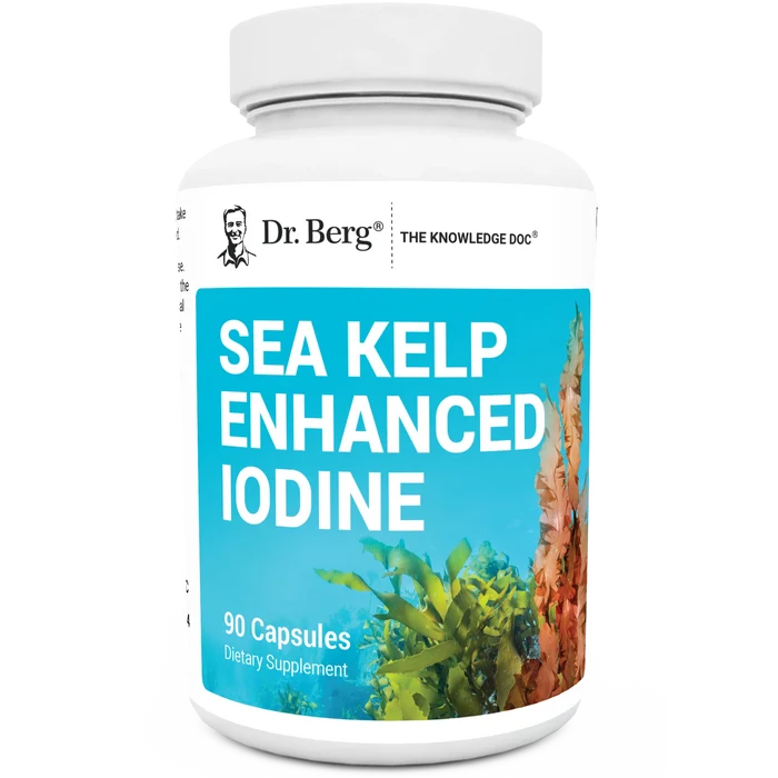 Sea Kelp Enhanced Iodine, 90 capsules, front view, bottle with Dr. Berg branding and seaweeds on the cover.