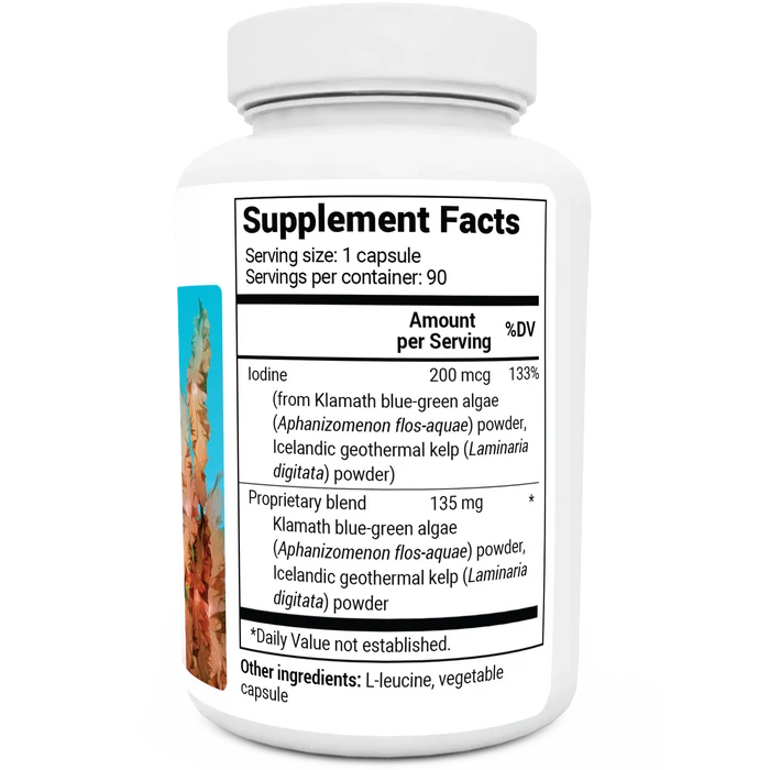 Sea Kelp Enhanced Iodine bottle label, right side view, supplement facts.