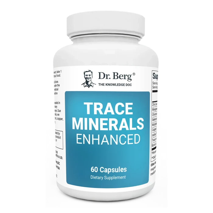 Trace Minerals Enhanced, 60 capsules, front view, bottle with Dr. Berg branding.