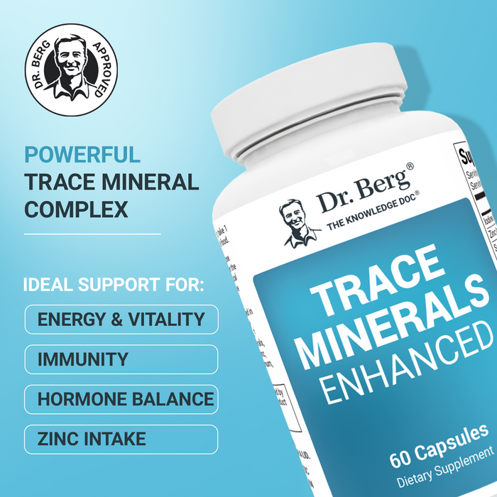 Dr. Berg Trace Minerals Enhanced supplement bottle with text: 'Powerful trace mineral complex. Ideal support for energy and vitality, immunity, hormone balance, and zinc intake.'