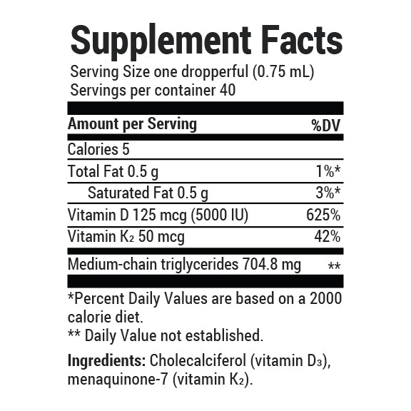 Close-up view of Vitamin D3 and K2 supplement facts label.