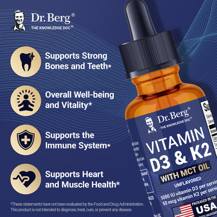 Dr. Berg Vitamin D3 & K2 with MCT Oil bottle with text highlighting benefits: supports strong bones and teeth, overall well-being, immune system support, and heart and muscle health.