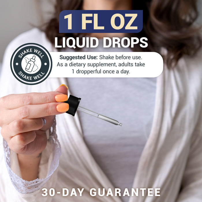 Hand holding a dropper with liquid labeled “1 fluid ounce liquid drops,” including icons and text for “Shake well,” “Suggested use: shake before use; adults take 1 dropperful once a day,” and a “30-Day Guarantee” text.