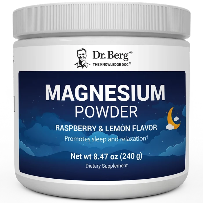 Magnesium Powder, Raspberry and Lemon flavor, 50 servings, 8.29 ounces, front view, bottle with Dr. Berg branding and night sky design on the label.