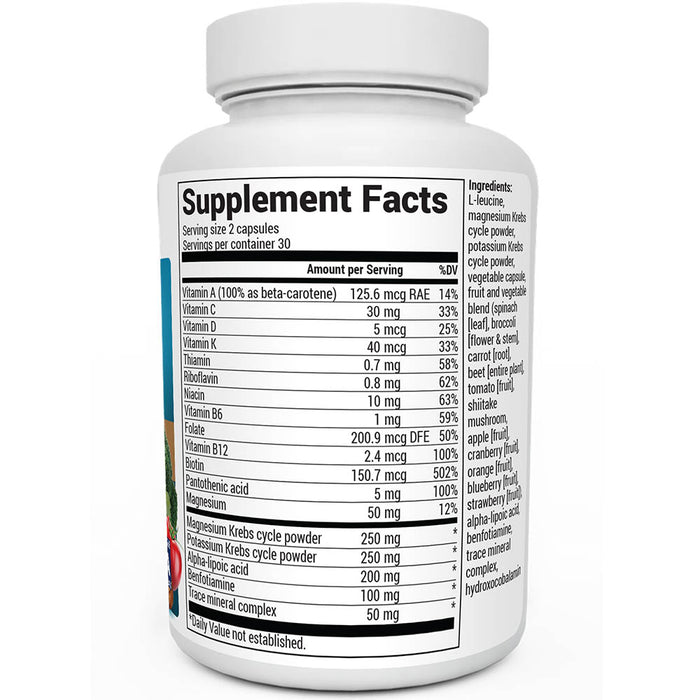 Whole Food Multivitamin bottle label, right side view, supplement facts.