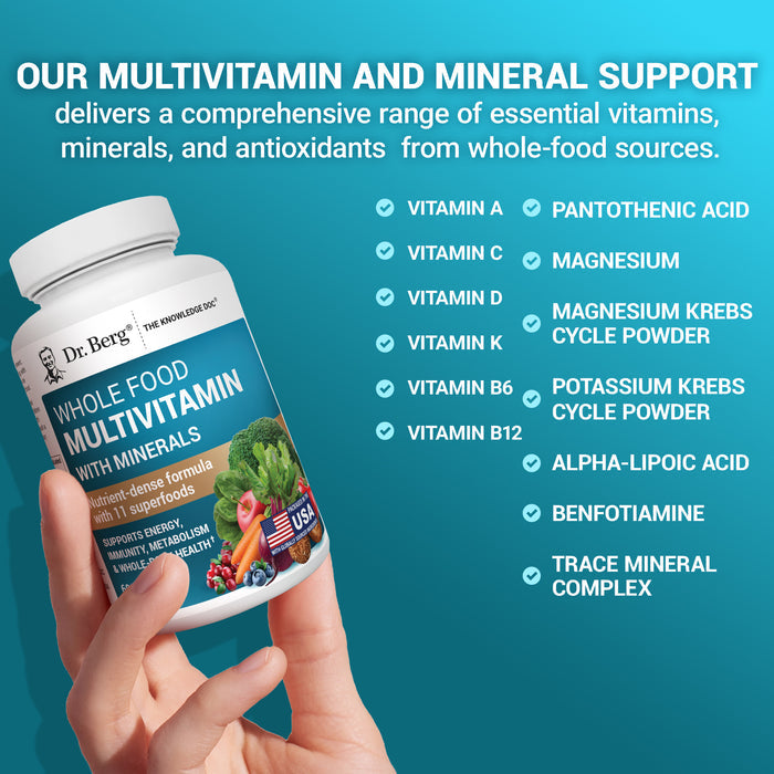 A hand holds Dr. Berg’s Whole Food Multivitamin with Minerals, highlighting its comprehensive blend of essential vitamins, minerals, and antioxidants derived from whole-food sources.