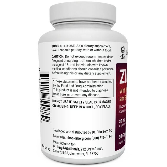 Zinc bottle label, left side view, suggested use instructions, safety warning details.
