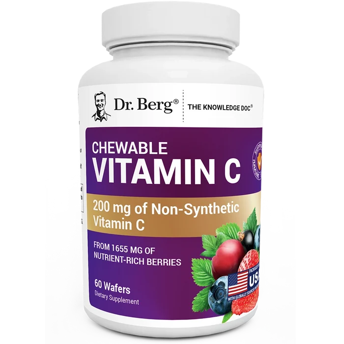 Chewable Vitamin C Complex, no added sugar, 60 wafers, front view, bottle with Dr. Berg branding and mixed berries on the cover.