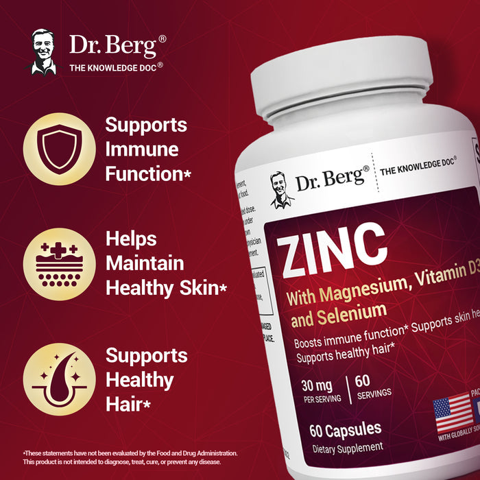 Dr. Berg Zinc supplement bottle with text highlighting benefits: supports immune function, helps maintain healthy skin, and supports healthy hair.